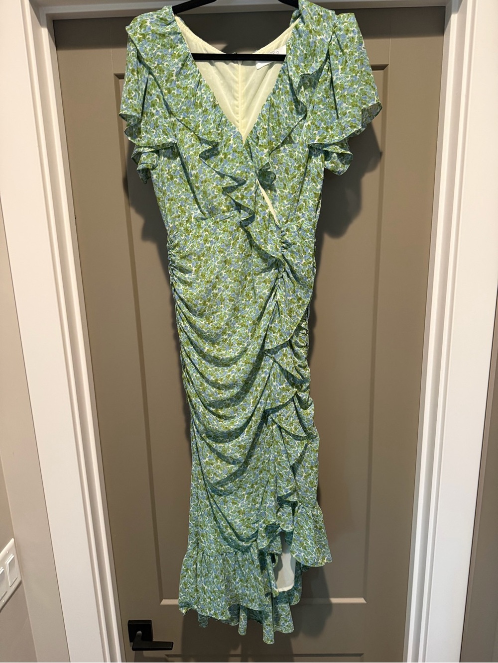 Floral Ruffle Wrap Maxi Dress in Light Green
